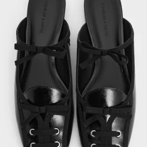 Giày Mules mũi vuông Metallic Lace-up Bow Ballet